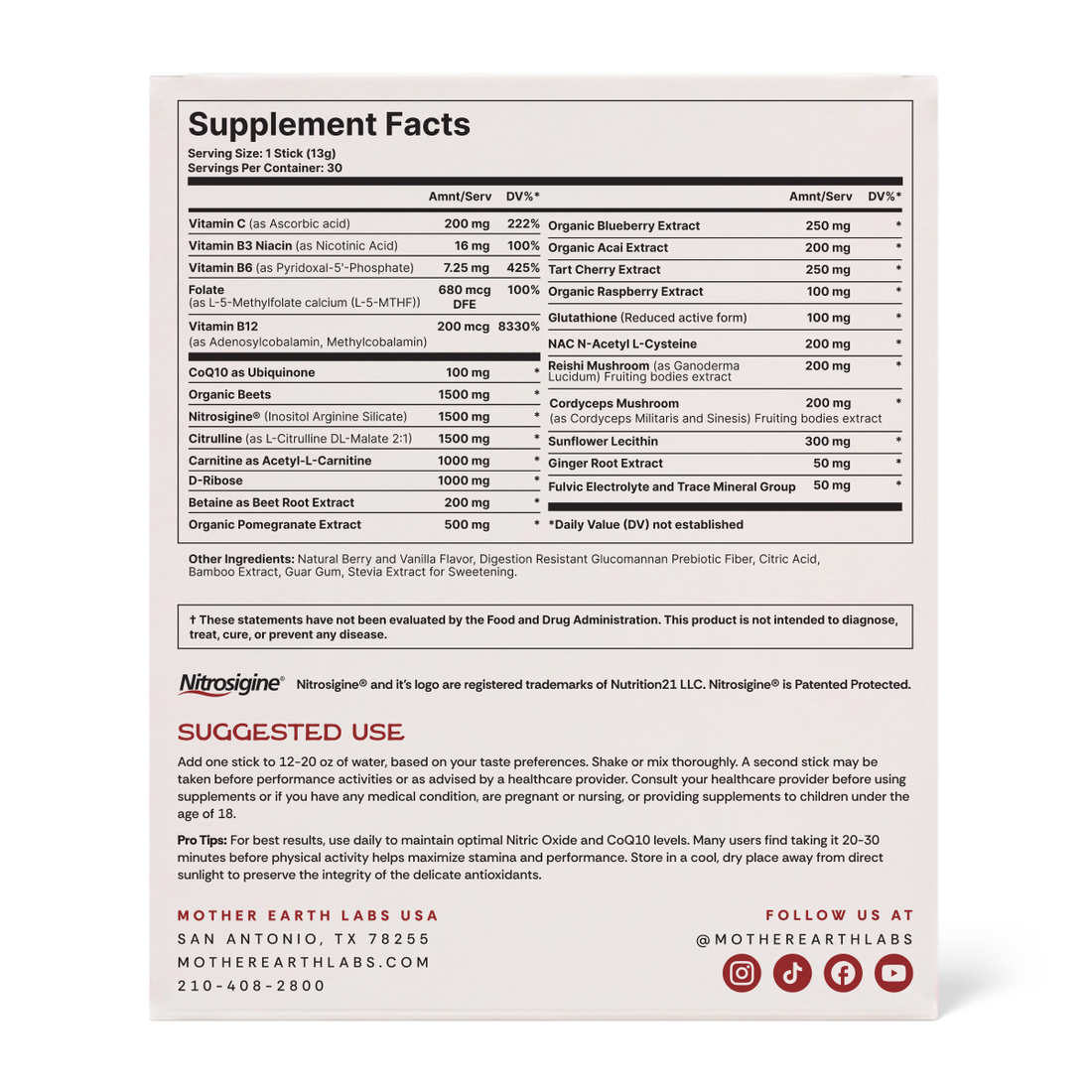 CardioExcel Supplement Facts: 1,500 mg Nitrosigine, 1,500 mg citrulline, 100 mg CoQ10 per stick