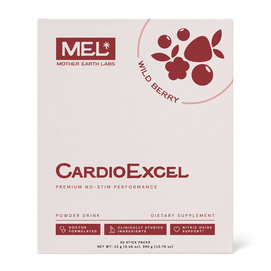 CardioExcel nitric oxide powder stick packs box, Wild Berry, 30 sticks, front