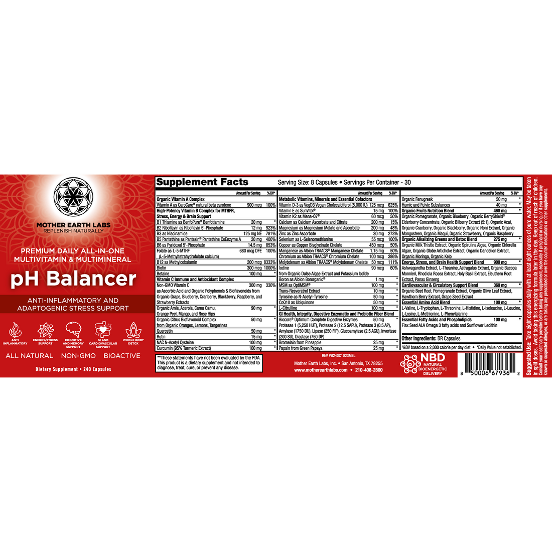 pH Balancer supplement facts label with vitamins, minerals, adaptogens and greens