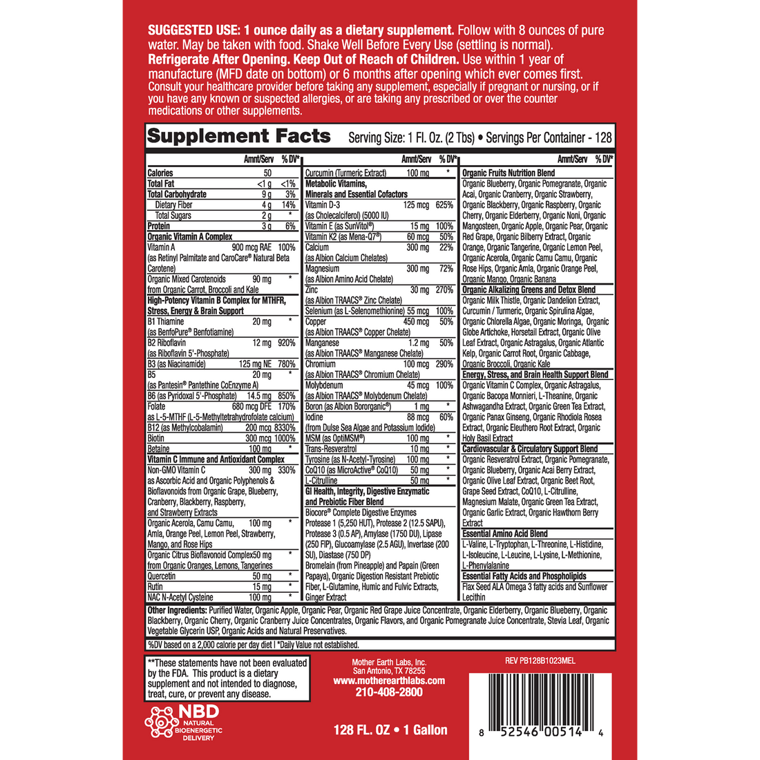 pH Balancer Liquid Multivitamin with Adaptogens supplement facts label, 1 Gallon