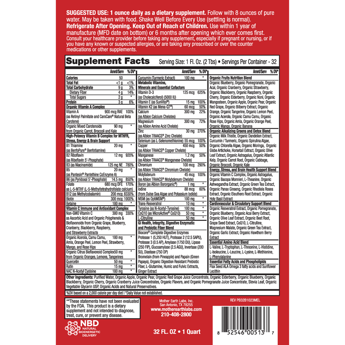 pH Balancer Liquid Multivitamin with Adaptogens supplement facts label, 32 oz Round Quart